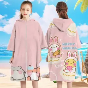 Suede Kids Hooded Towel SKU-01-Zipper Style-Pink Rabbit (recommended height 125_155cm)