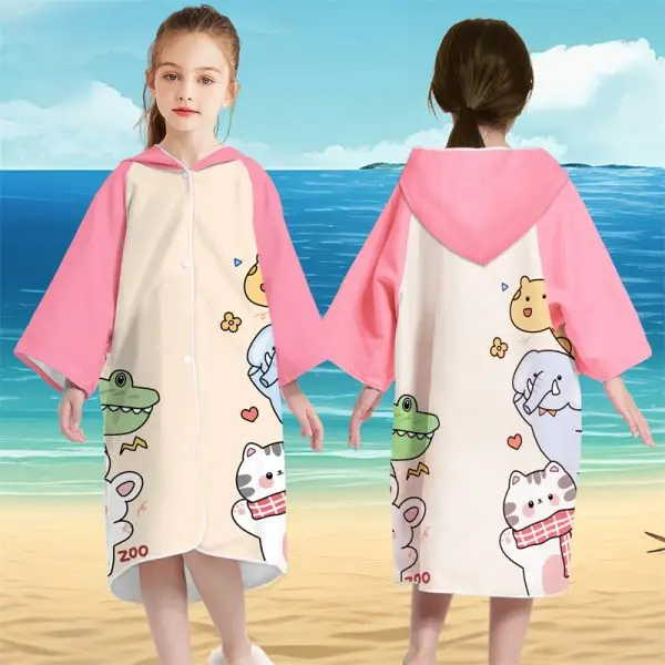 Suede Kids Hooded Towel SKU-10-Spliced Sleeve-Cartoon Animals (Recommended height 100_135cm)